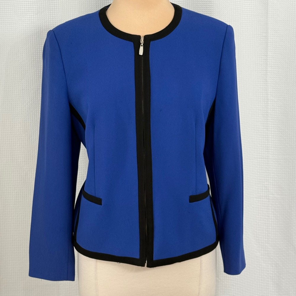 Nygard Collection Women's Royal Blue Full-Zipper Blazer with Black Piping Trim